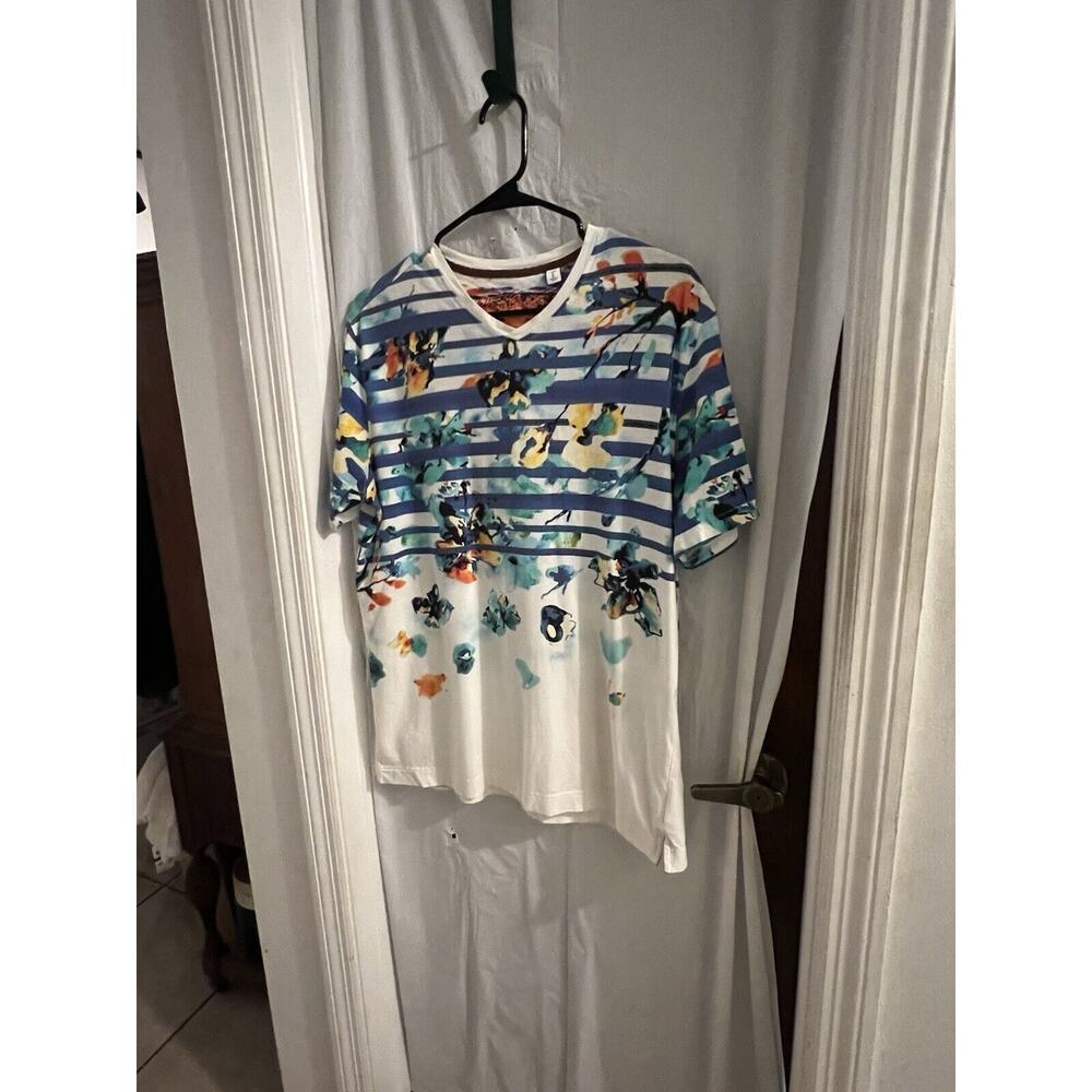 Robert Graham Women’s Multicolor V Neck Floral Tee Sz L Art To Wear